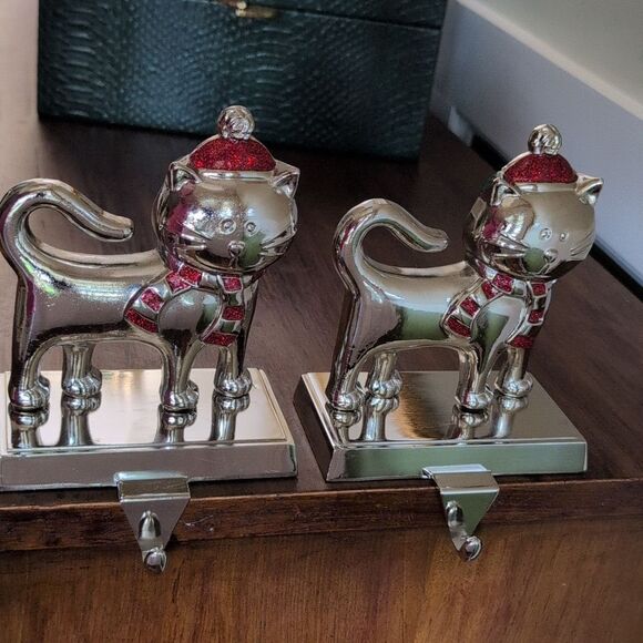 Silver Cat Stocking Holders with Red Glitter Accents Set of 2 - Picture 8 of 9